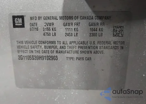 2017 Chevrolet Impala 1Lt из США, поврежденный, VIN 2G1105S39H9102903